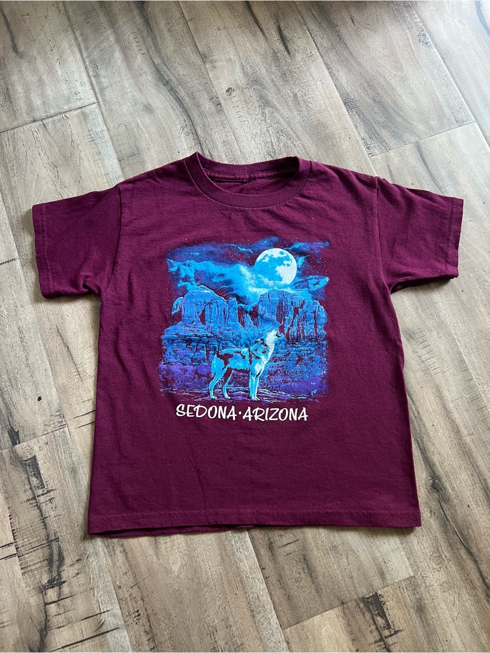 Kids Sedona Arizona Moonlight Wolf Tee - Burgundy